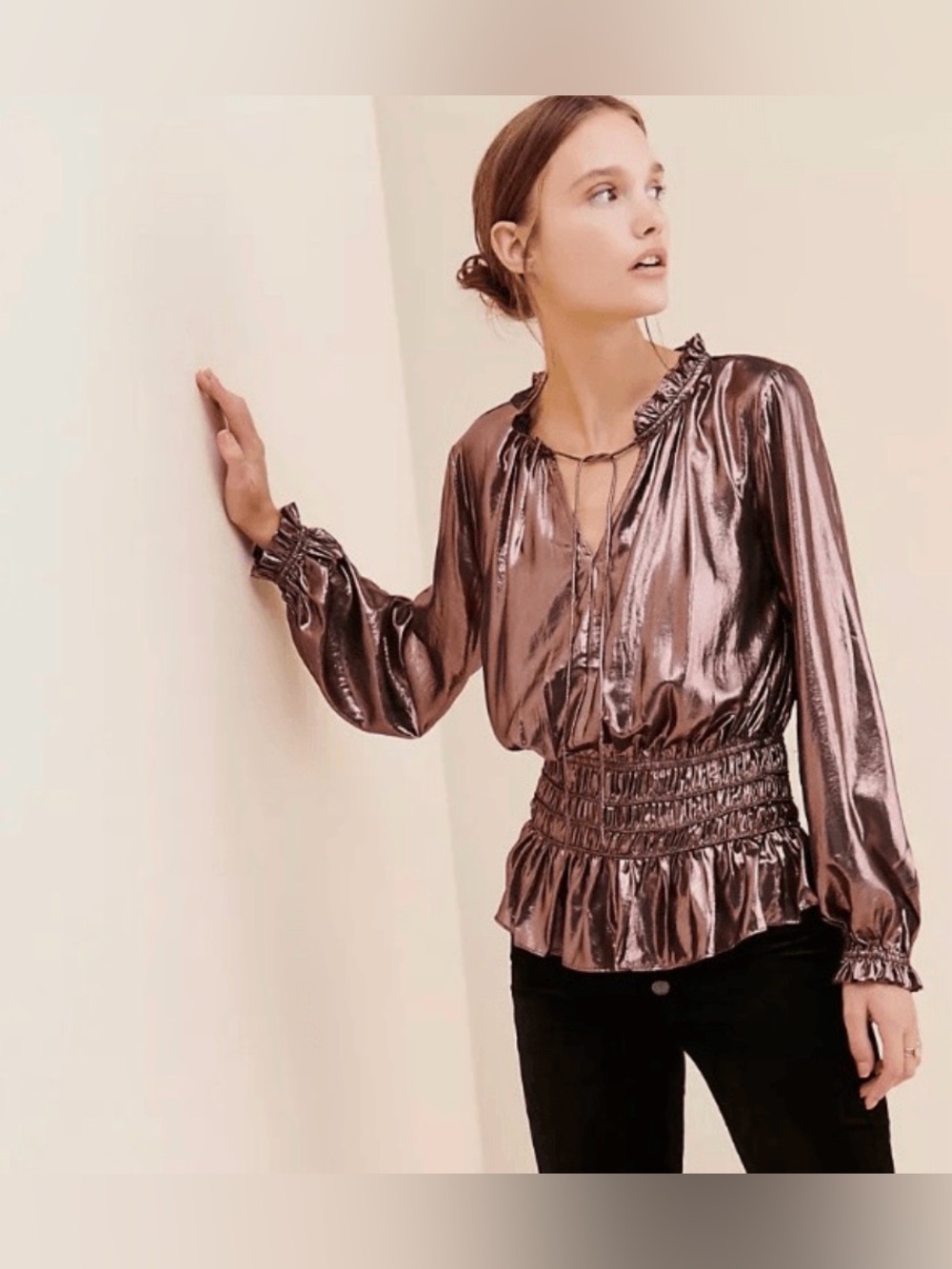 Current Air Metallic Bronze Smocked Peplum Tie Neck Blouse S NWT